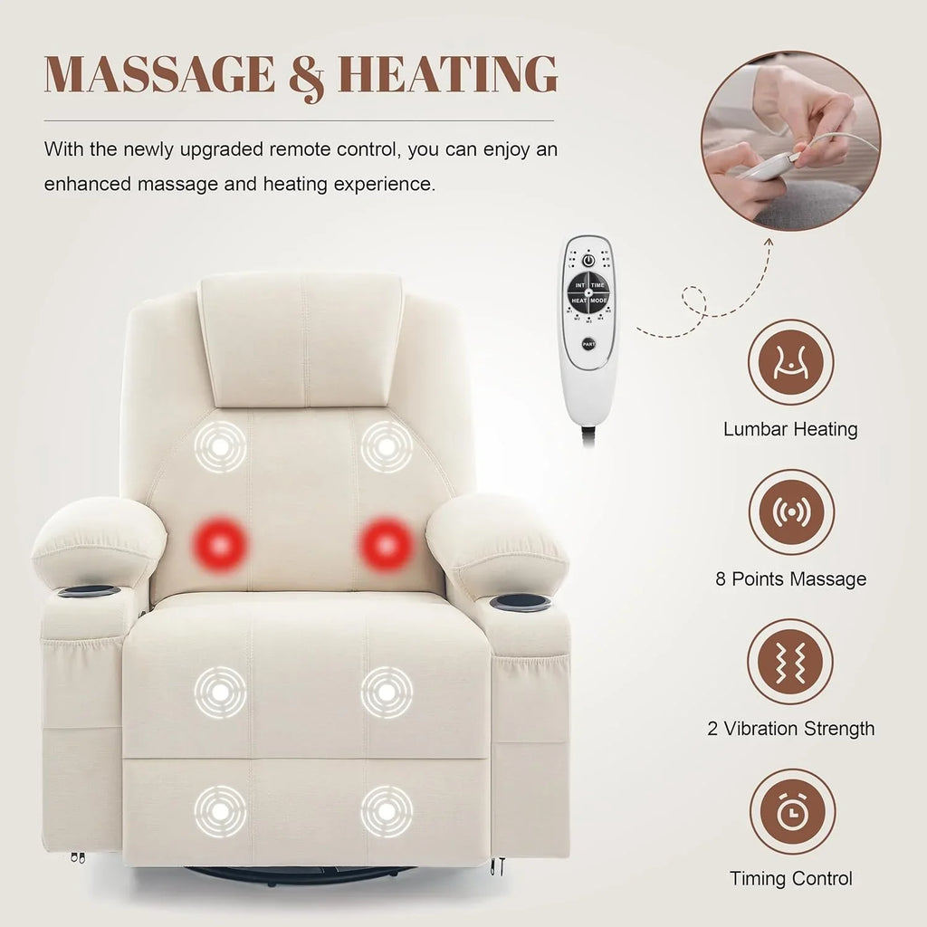 Oversized Swivel Rocker Recliner Chair with Heat and Massage, 360 Degree Swivel Rocking Single Sofa with Cup Holders and USB Port, Large Big Recliner Chair for Living Room (Leather, Brown) - image 18