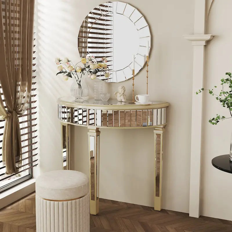 Silver Mirrored Half Moon Console Sofa Table - 35.4 x 31.6 Inches - image 4