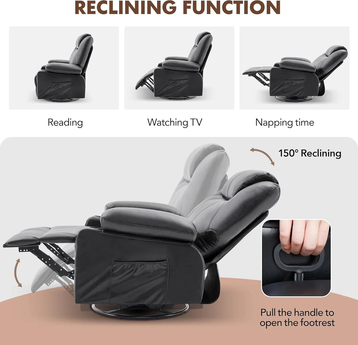 Oversized Swivel Rocker Recliner Chair with Heat and Massage, 360 Degree Swivel Rocking Single Sofa with Cup Holders and USB Port, Large Big Recliner Chair for Living Room (Leather, Brown) - image 25