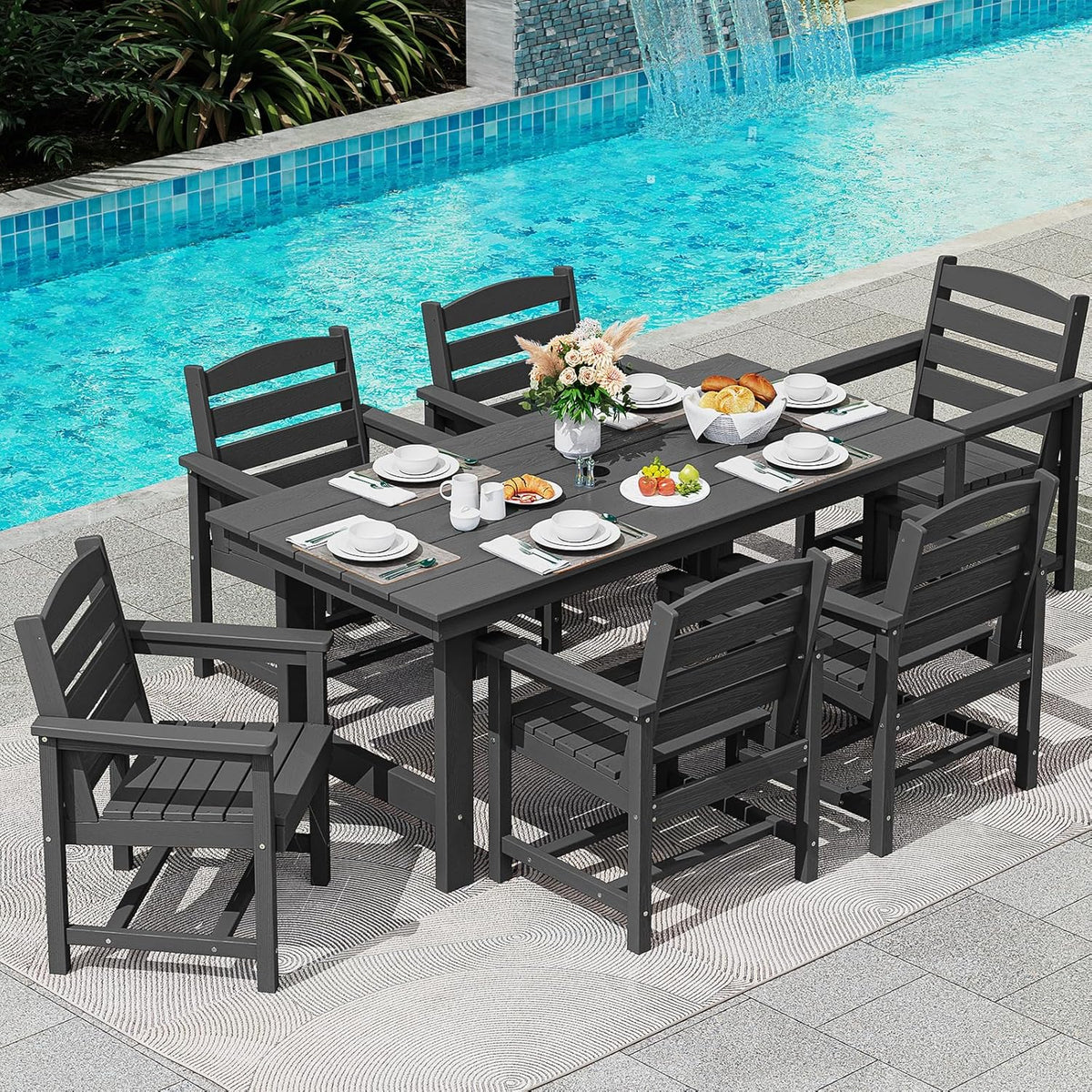 SERWALL 7-Piece Patio Table Set, Outdoor HDPE Dining Furniture with Umbrella Hole, All Weather Table and Chairs for Lawn, Garden, Poolside, Aruba - image 118