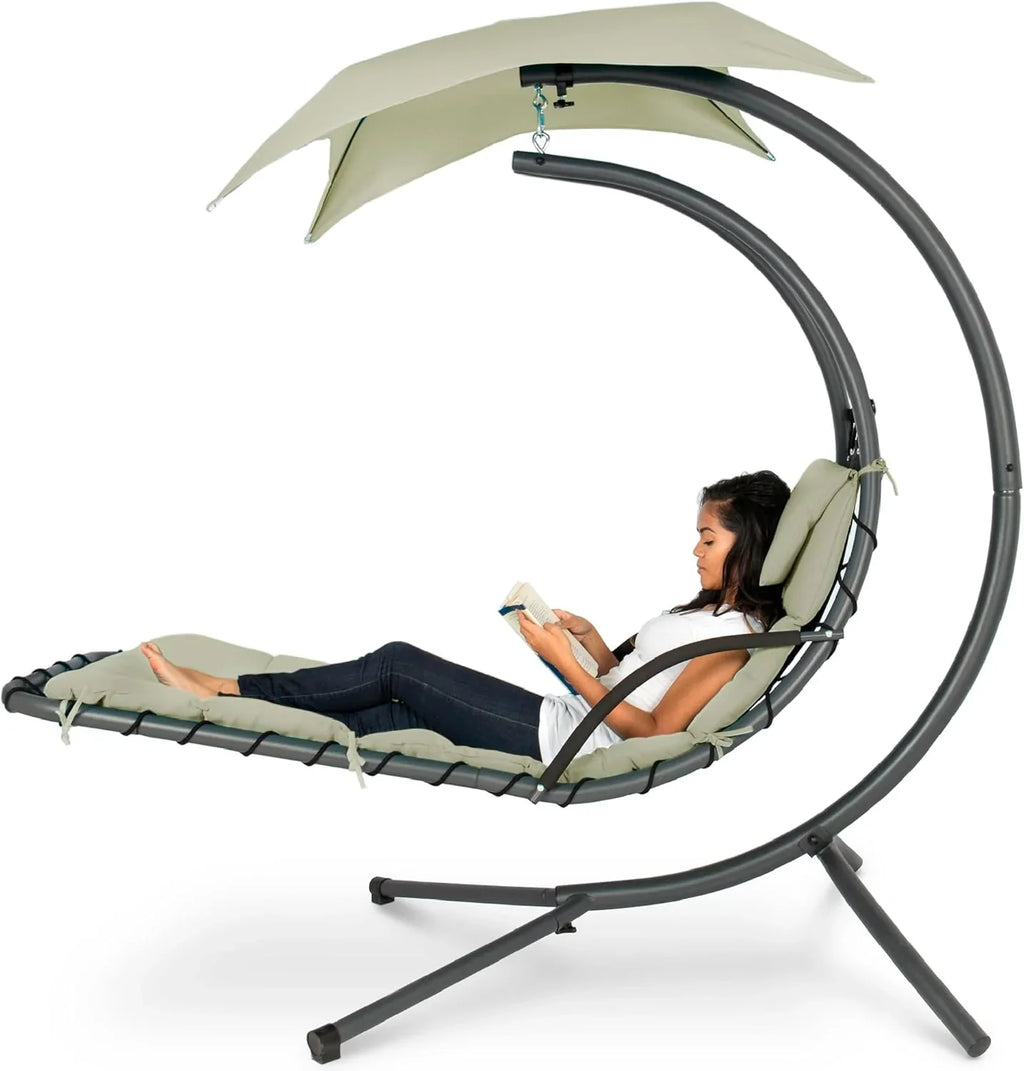 Best Choice Products Outdoor Hanging Curved Steel Chaise Lounge Chair Swing w/Built-in Pillow and Removable Canopy - Charcoal