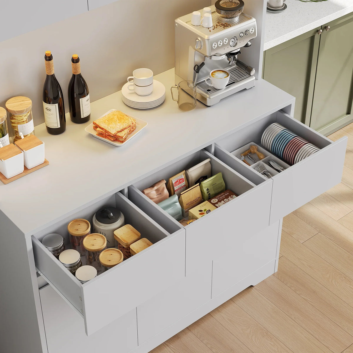 Homfa 70.9'' Tall Kitchen Pantry Cabinet with Charge Station & Led Light, 3 Drawer Storage Cabinet with Adjustable Shelves, White - image 22