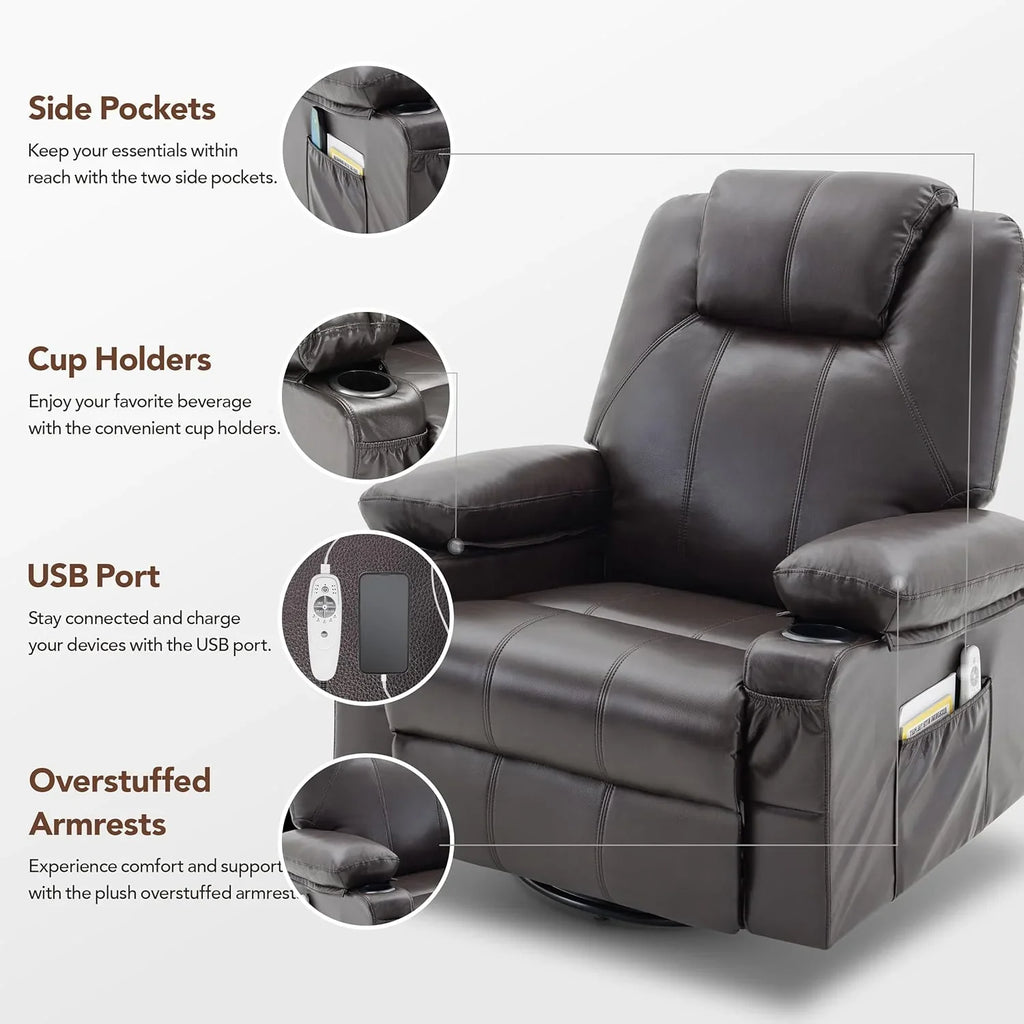 Oversized Swivel Rocker Recliner Chair with Heat and Massage, 360 Degree Swivel Rocking Single Sofa with Cup Holders and USB Port, Large Big Recliner Chair for Living Room (Leather, Brown) - image 43