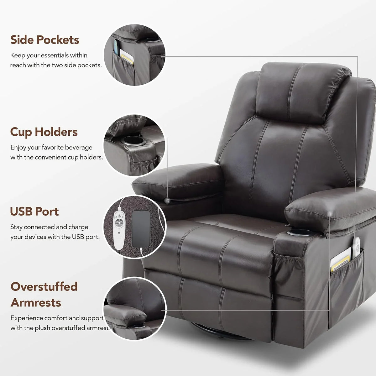 Oversized Swivel Rocker Recliner Chair with Heat and Massage, 360 Degree Swivel Rocking Single Sofa with Cup Holders and USB Port, Large Big Recliner Chair for Living Room (Leather, Brown) - image 43