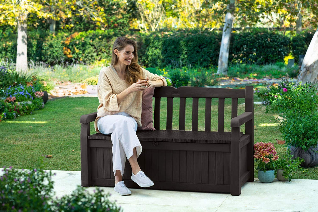 Keter Solana 70 Gallon Storage Bench Deck Box for Patio Furniture, Front Porch Decor and Outdoor Seating – Perfect to Store G