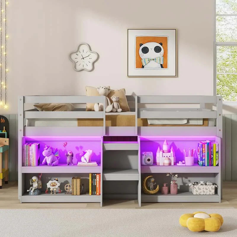 Kids Twin Size Loft Bed with LED Lights, Stairs & Safety Guardrail, Storage Bookcase and Under-bed Play Space - image 2