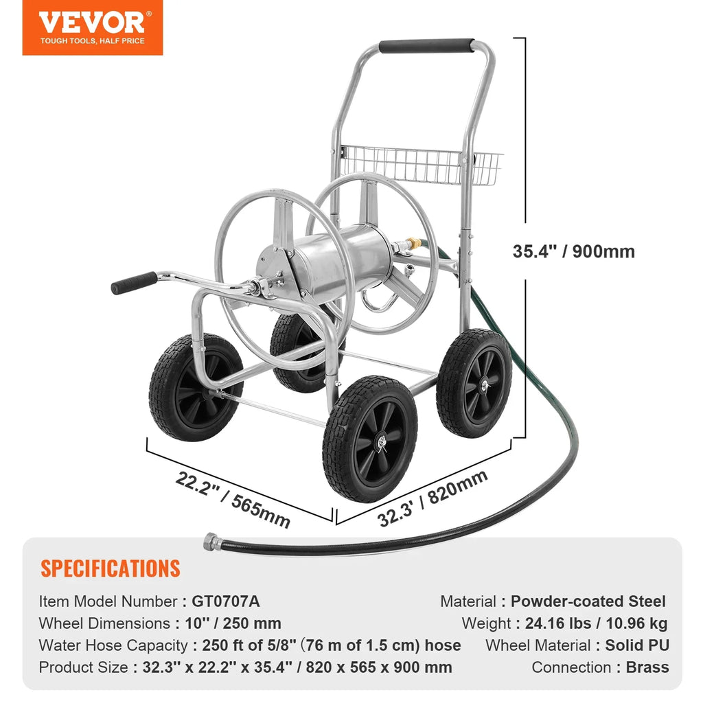 VEVOR Hose Reel Cart, Hold Up to 250 ft of 5/8---- Hose, Garden Water Hose Carts Mobile Tools with 4 Wheels, Heavy Duty Powde