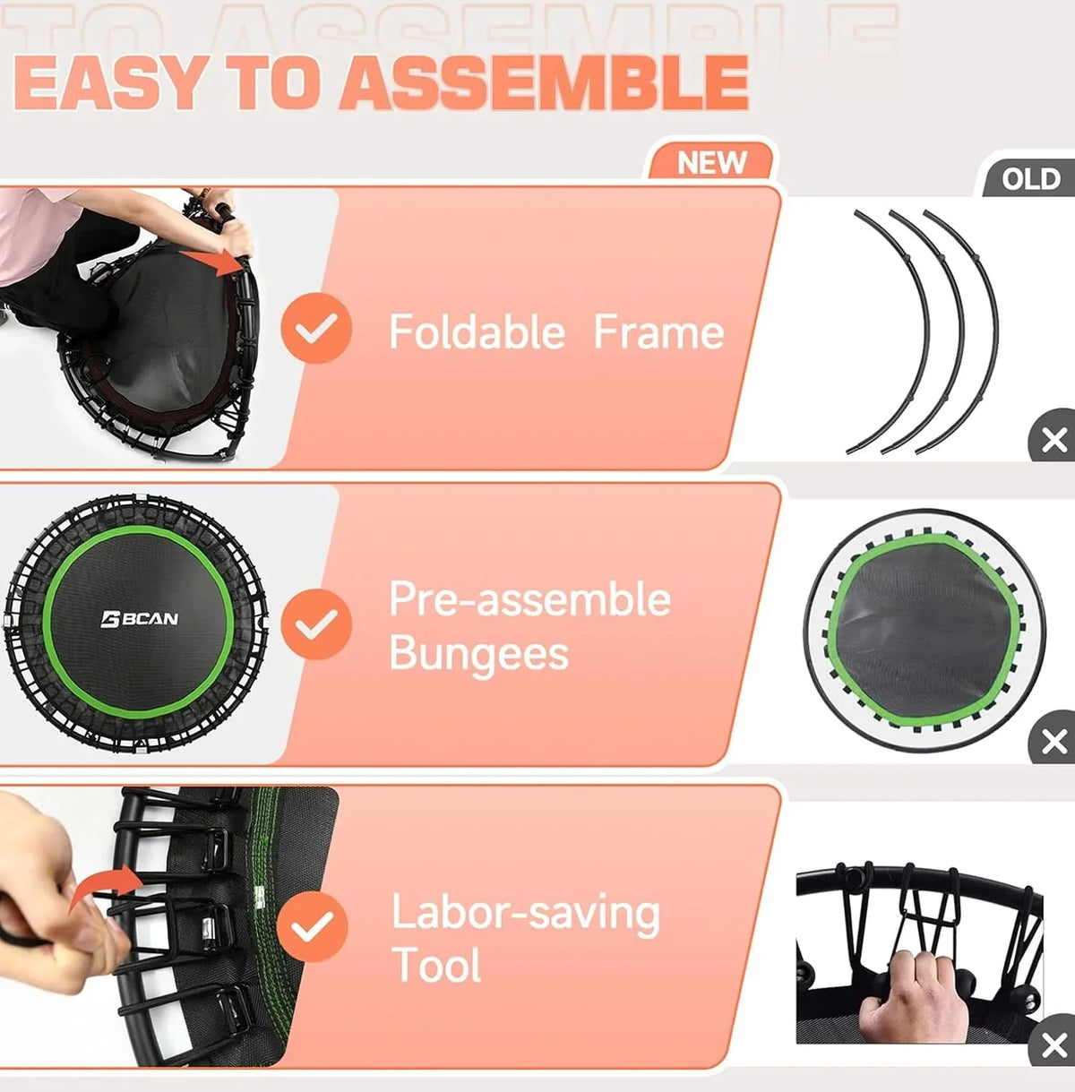BCAN 450/550 LBS Foldable Mini Trampoline, 40"/48" Fitness Trampoline with Bungees, U Shape Adjustable Foam Handle, Stable & Quiet Exercise Rebounder for Adults Indoor/Outdoor Workout - image 18