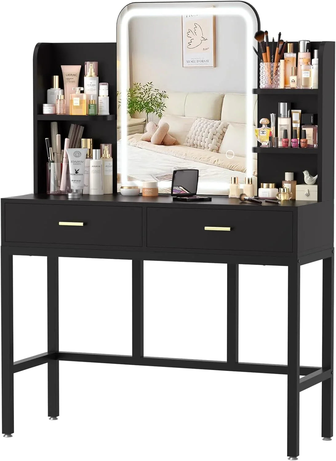 Makeup Vanity Desk with Mirrors, Vanity Set with 2 Storage Drawers and Open Shelves, 3 Colors LED Brightness Adjustable Dress