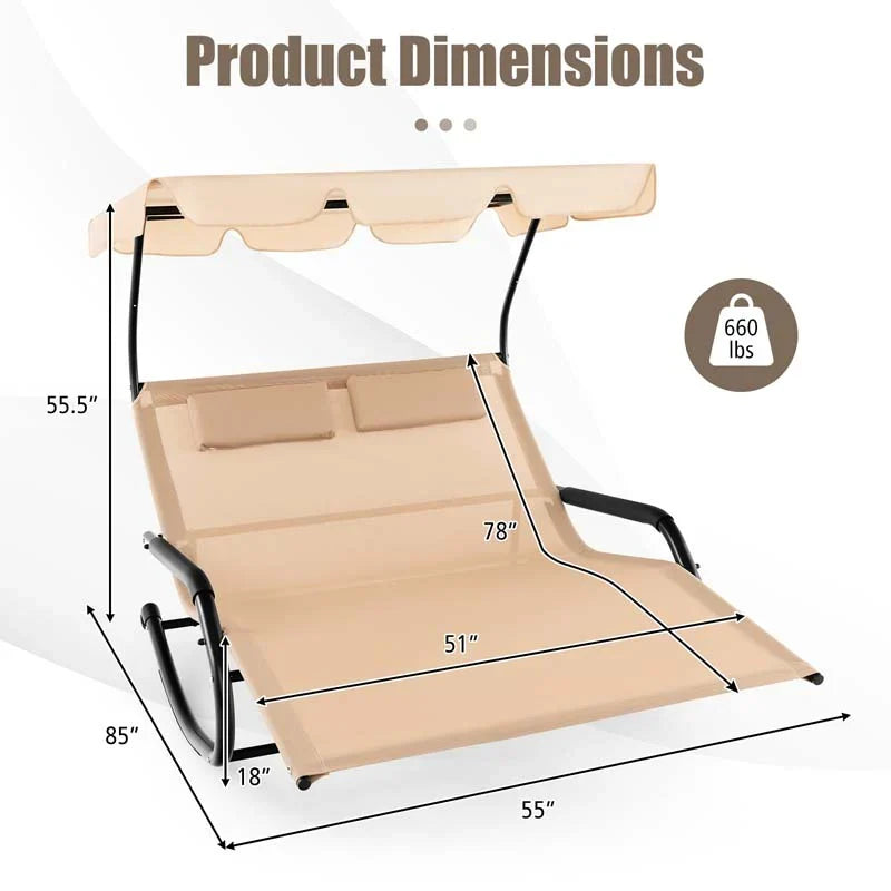 2 Person Patio Hammock Bed Swing Chair Extra Large Outdoor Rocking Chaise Lounge With Adjustable Canopy And Wheels - Comforta