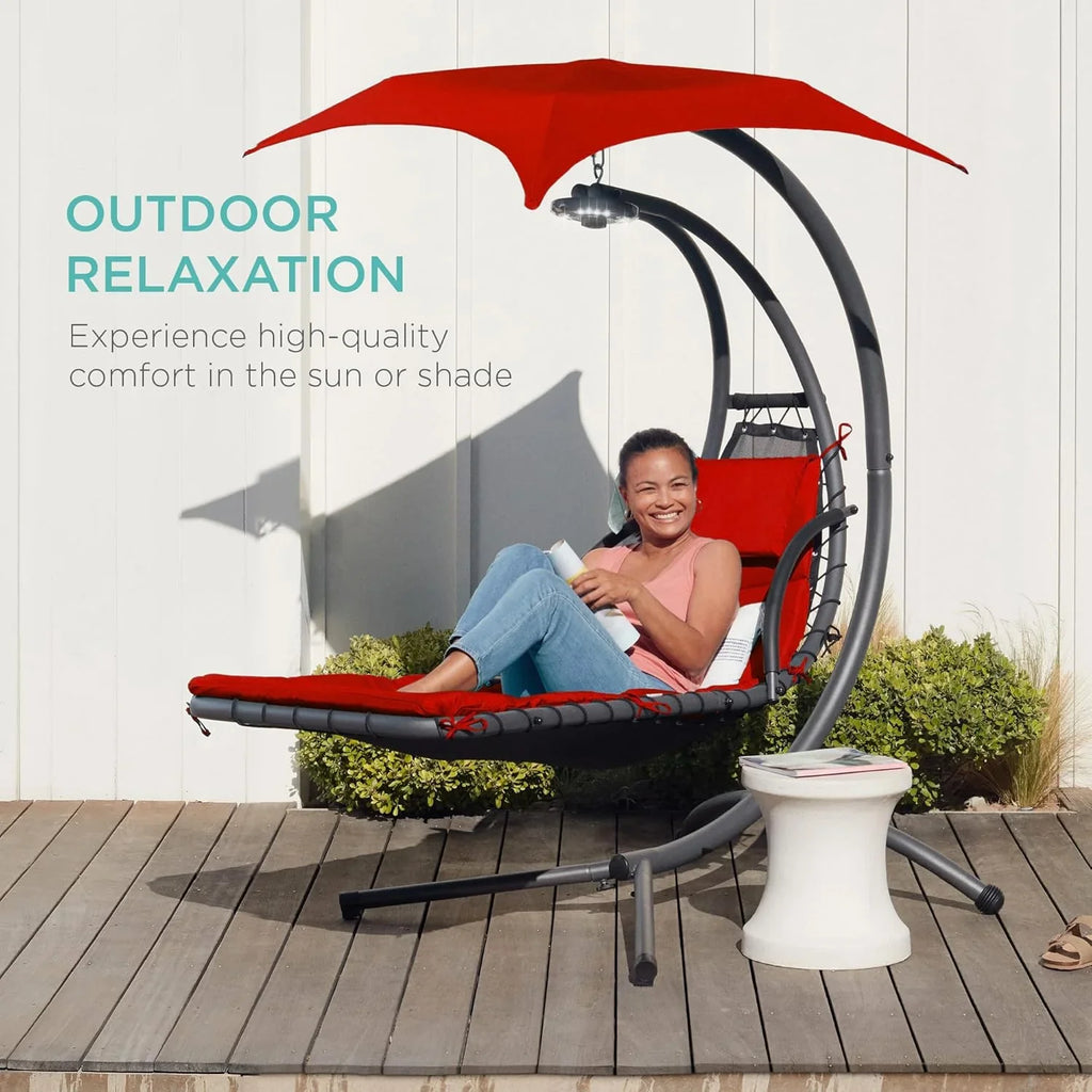 Best Choice Products Outdoor Hanging Curved Steel Chaise Lounge Chair Swing w/Built-in Pillow and Removable Canopy - Charcoal