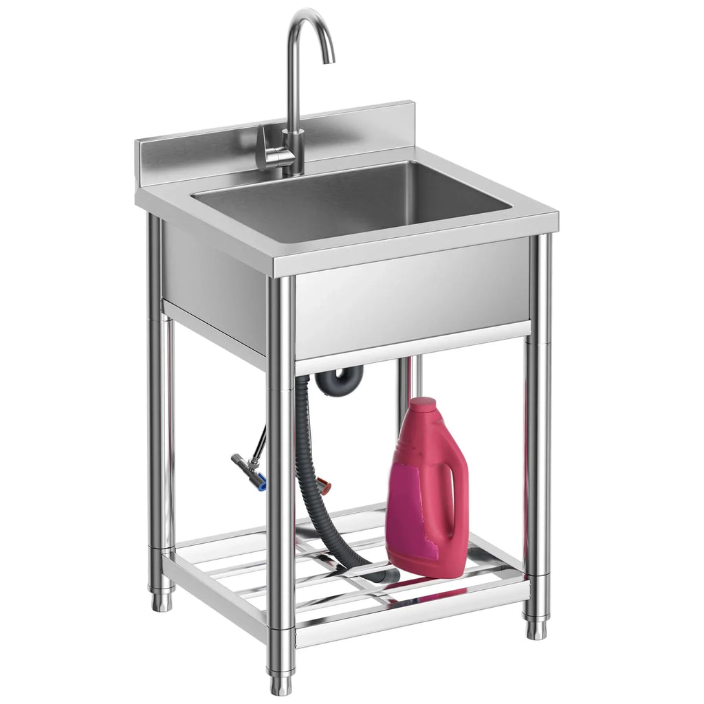 Stainless Steel Utility Sink, Free Standing Single Bowl Kitchen Sink with Cold and Hot Water Faucet, Commercial Sink for Rest