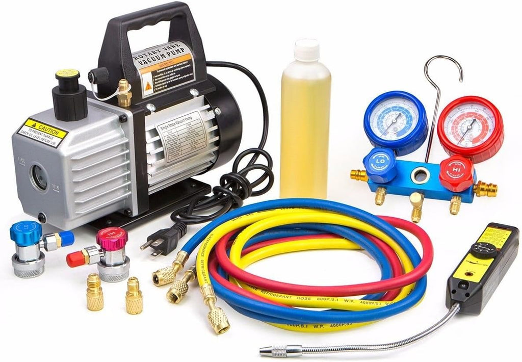 Premium 4CFM Air Vacuum Pump HVAC A/C Refrigeration Kit AC Manifold Gauge Case Set R134a Tap w/Leak Detector and Carrying Tote Bag - image 2