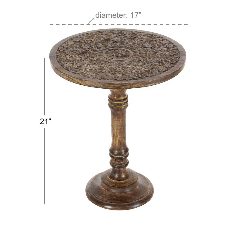 Intricately Carved Dark Brown Mango Wood Accent Table with Elephant or Floral Design and Turned Base - Roche River Decor - image 12