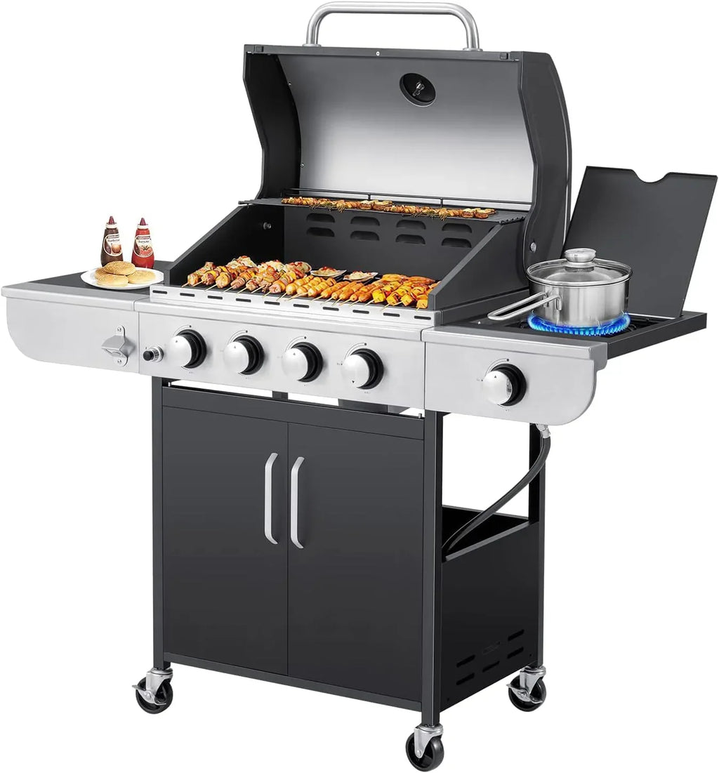 Upgraded 4 Burner BBQ Propane Gas Grill with Cast Iron Grates & Side Stove, 44,000 BTU Stainless Steel Burner Barbecue Grill 