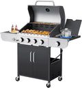 Upgraded 4 Burner BBQ Propane Gas Grill with Cast Iron Grates & Side Stove, 44,000 BTU Stainless Steel Burner Barbecue Grill 