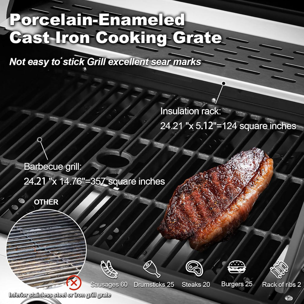 Upgraded 4 Burner BBQ Propane Gas Grill with Cast Iron Grates & Side Stove, 44,000 BTU Stainless Steel Burner Barbecue Grill 