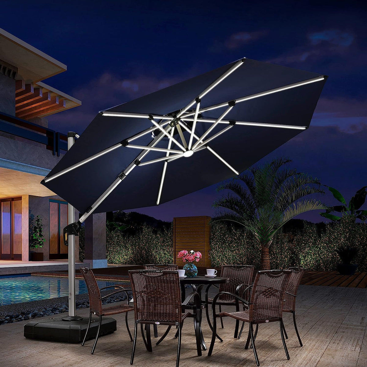 12ft Solar LED Patio Umbrella Outdoor Round Umbrella Large Cantilever Umbrella with LED Lights Windproof Bias Umbrella Heavy 