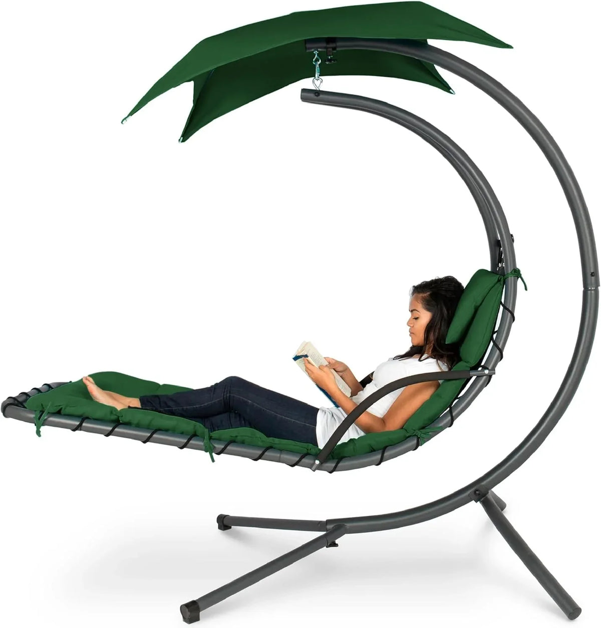 Best Choice Products Outdoor Hanging Curved Steel Chaise Lounge Chair Swing w/Built-in Pillow and Removable Canopy - Charcoal