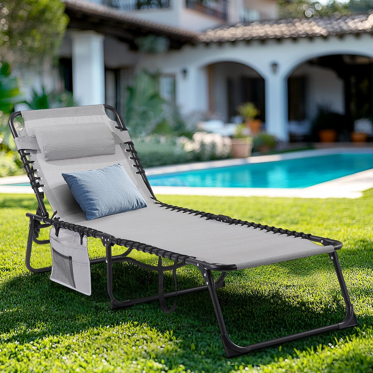 Unovivy Outdoor Chaise Lounge Chairs Set of 2, Portable Folding Pool Lounge Chair with 5-Position Reclining Back, Teslin Tann