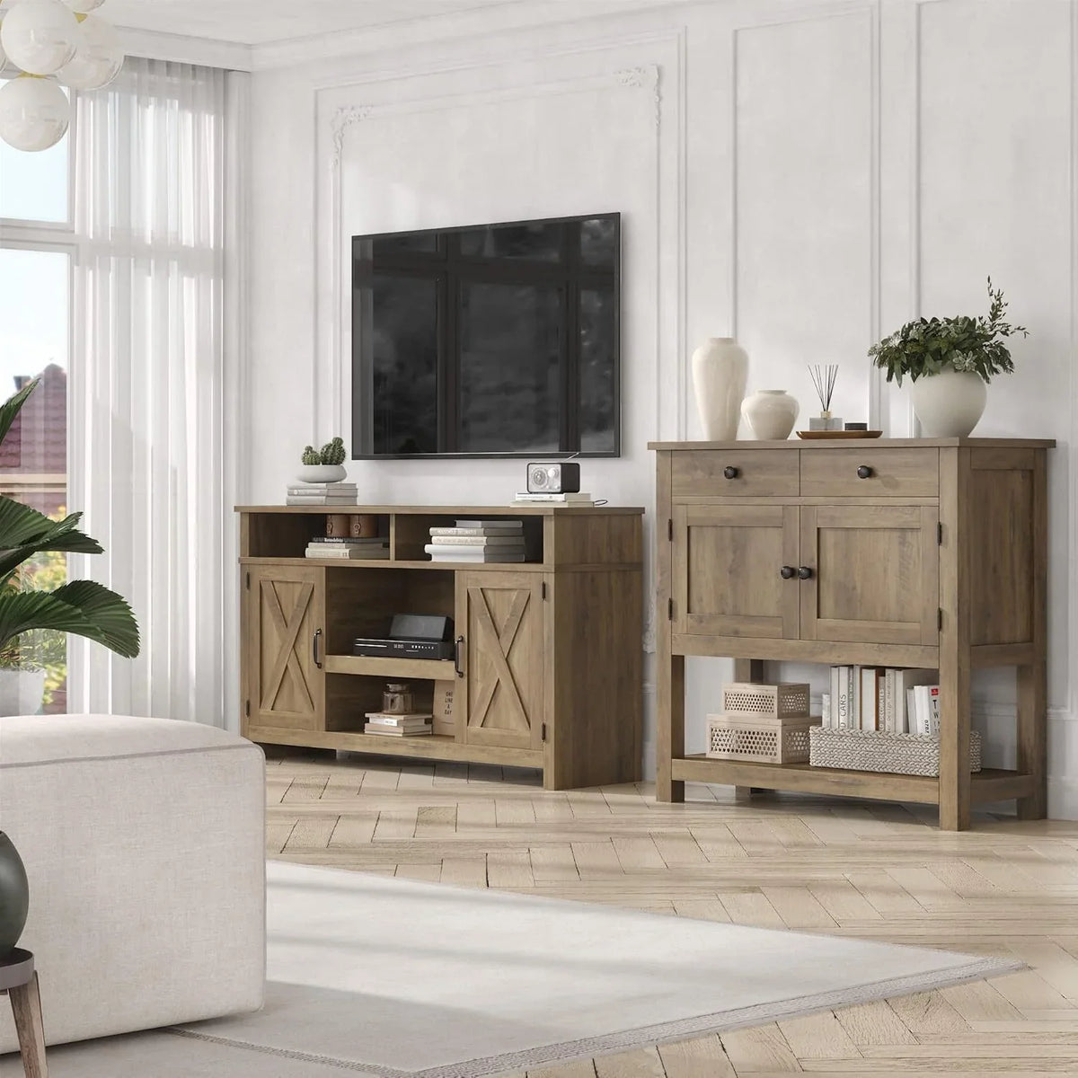 HOSTACK Farmhouse Console Table with 2-Door Cabinet & 2 Drawers, Coffee Bar, Entryway Table with Storage Shelf, Sofa Tables Buffet Sideboard for Kitchen, Hallway, Dining, Living Room, Rustic Brown - image 6