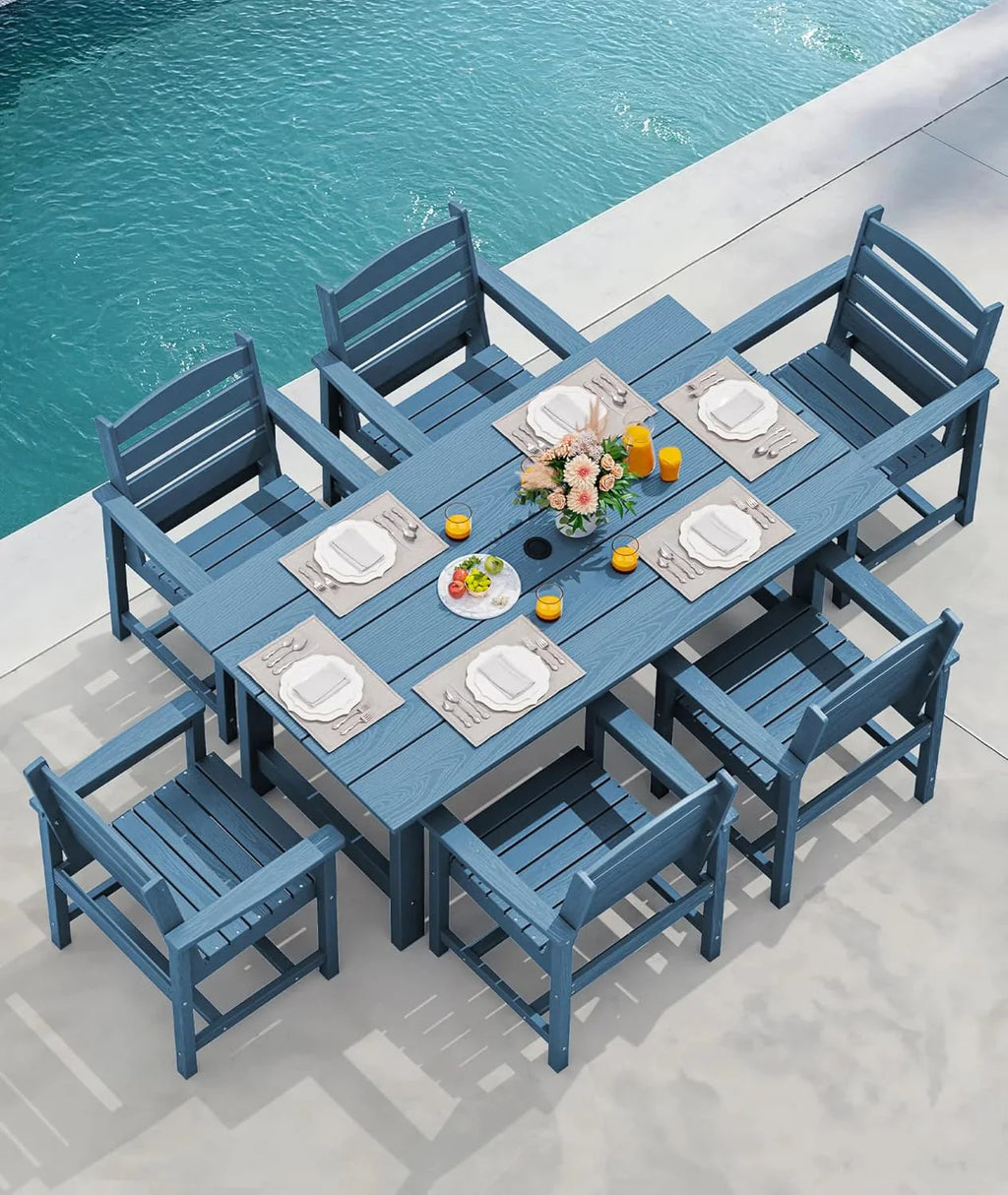 SERWALL 7-Piece Patio Table Set, Outdoor HDPE Dining Furniture with Umbrella Hole, All Weather Table and Chairs for Lawn, Garden, Poolside, Aruba - image 73
