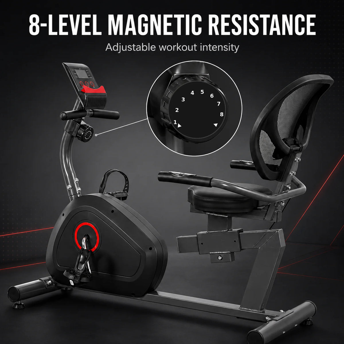 Recumbent Exercise Bike with 8-Level Magnetic Resistance, LCD Monitor, Adjustable Seat and Mesh Backrest, Black - image 2
