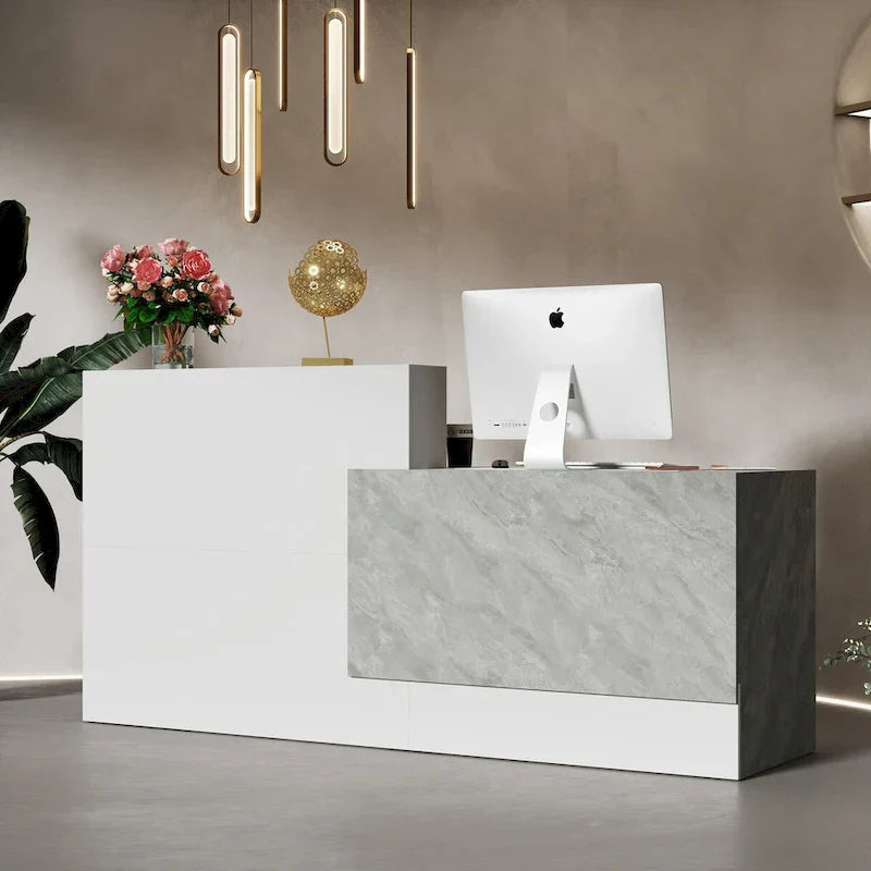 White Reception Desk with Computer Surface and Four Shelves - image 3