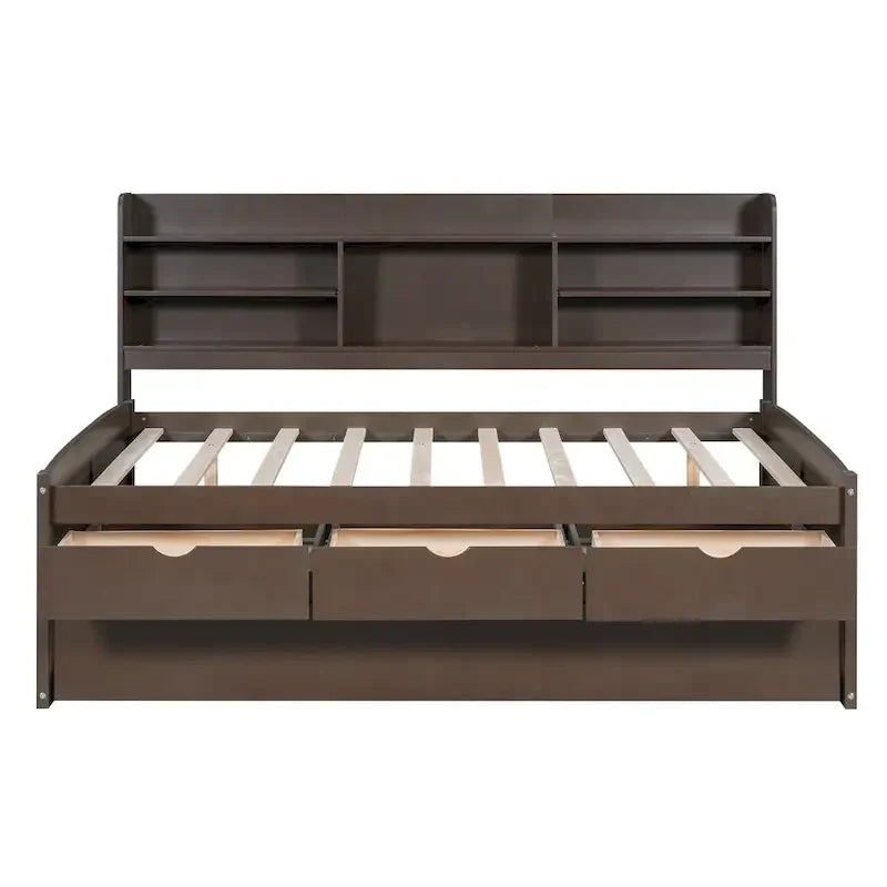 Antique Grey Full-Size Wooden Captain Bed with Built-in Bookshelves, Three Storage Drawers, and Trundle - image 7