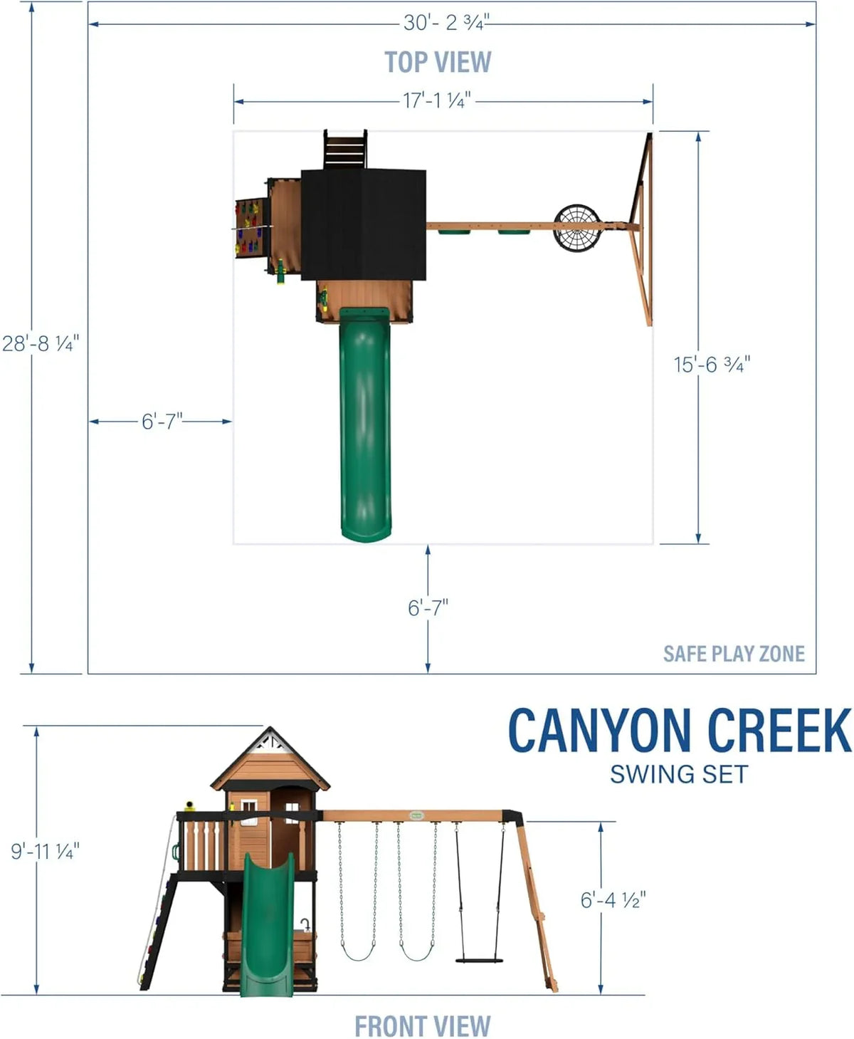 Canyon Creek Cedar Wood Swing Set with Wave Slide, Clubhouse, Play Kitchen, Picnic Area, Belt Swings, Web Swing, Rock Wall, B