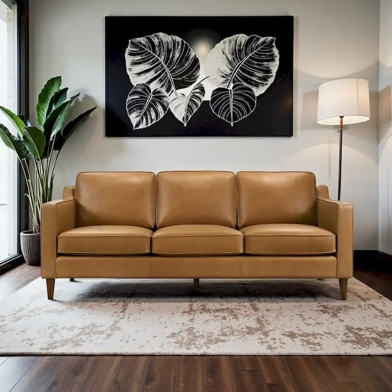 Cognac Tan Genuine Leather Mid-Century Modern Couches by Madeline - image 2