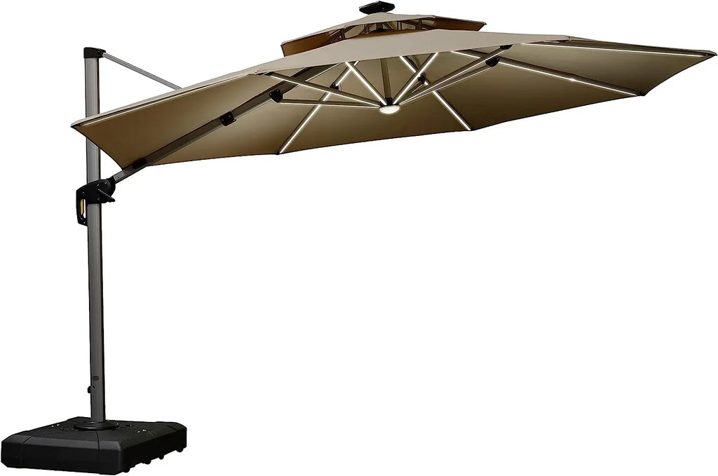 12ft Solar LED Patio Umbrella Outdoor Round Umbrella Large Cantilever Umbrella with LED Lights Windproof Bias Umbrella Heavy 