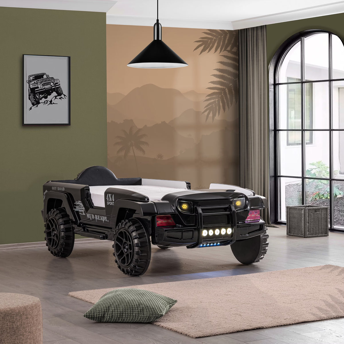 Furniture of America Terra Kids Plastic Twin SUV Bed with LED and Sound, Black - image 1