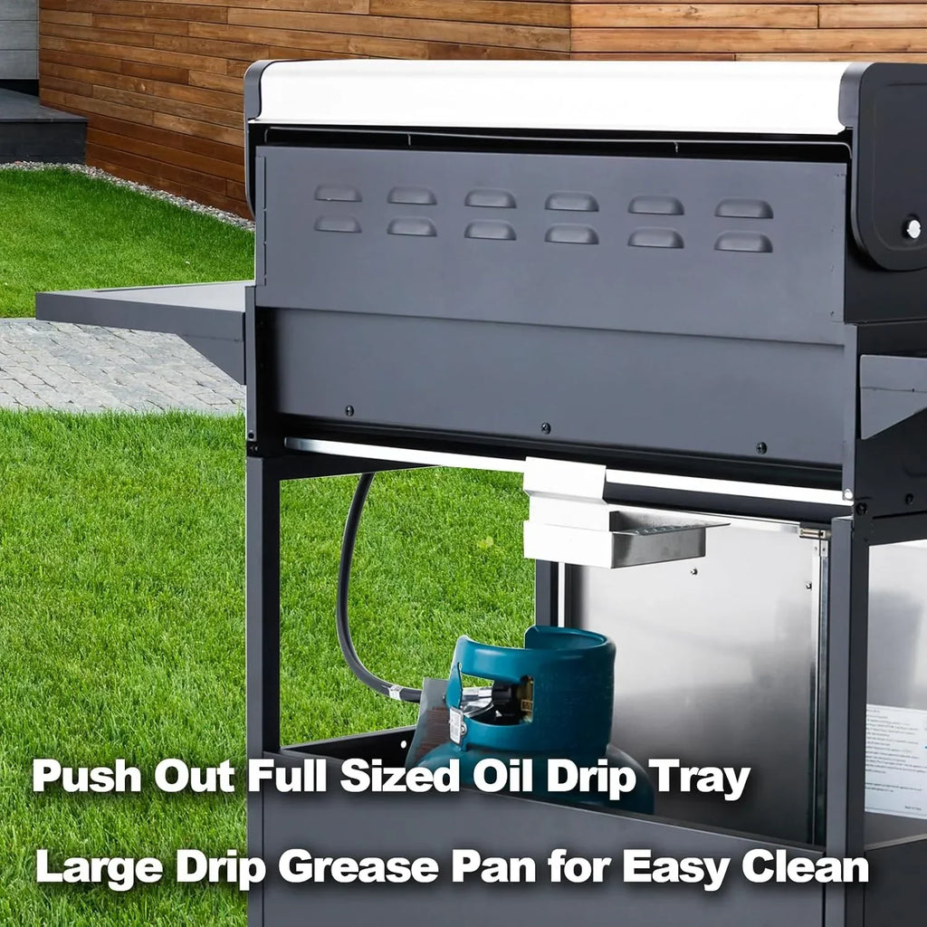Upgraded 4 Burner BBQ Propane Gas Grill with Cast Iron Grates & Side Stove, 44,000 BTU Stainless Steel Burner Barbecue Grill 