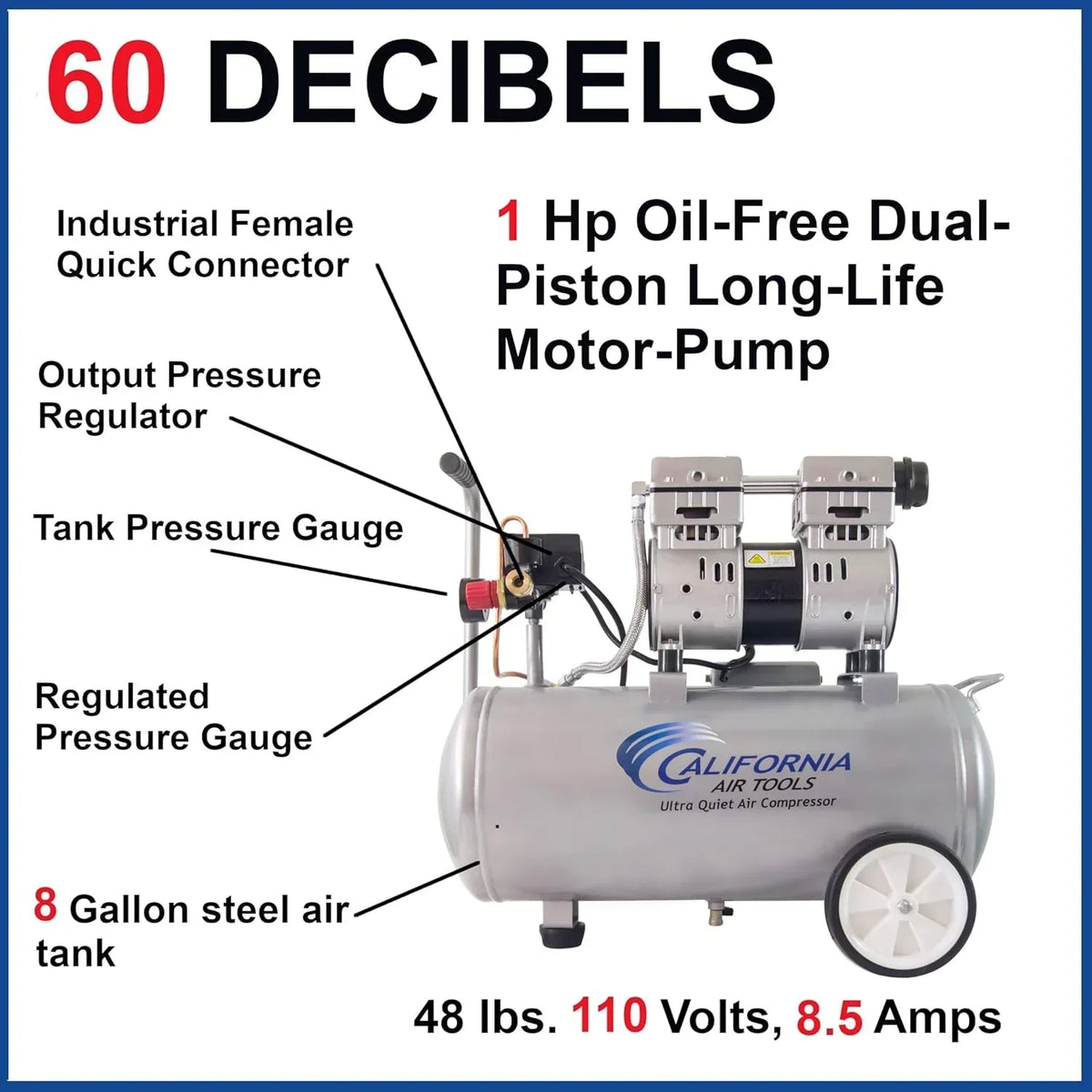 Air Tools 8010 Ultra Quiet Oil-Free Air Compressor, 1.0 HP, 8 Gallon, 120 PSI, 60 dB Noise Level