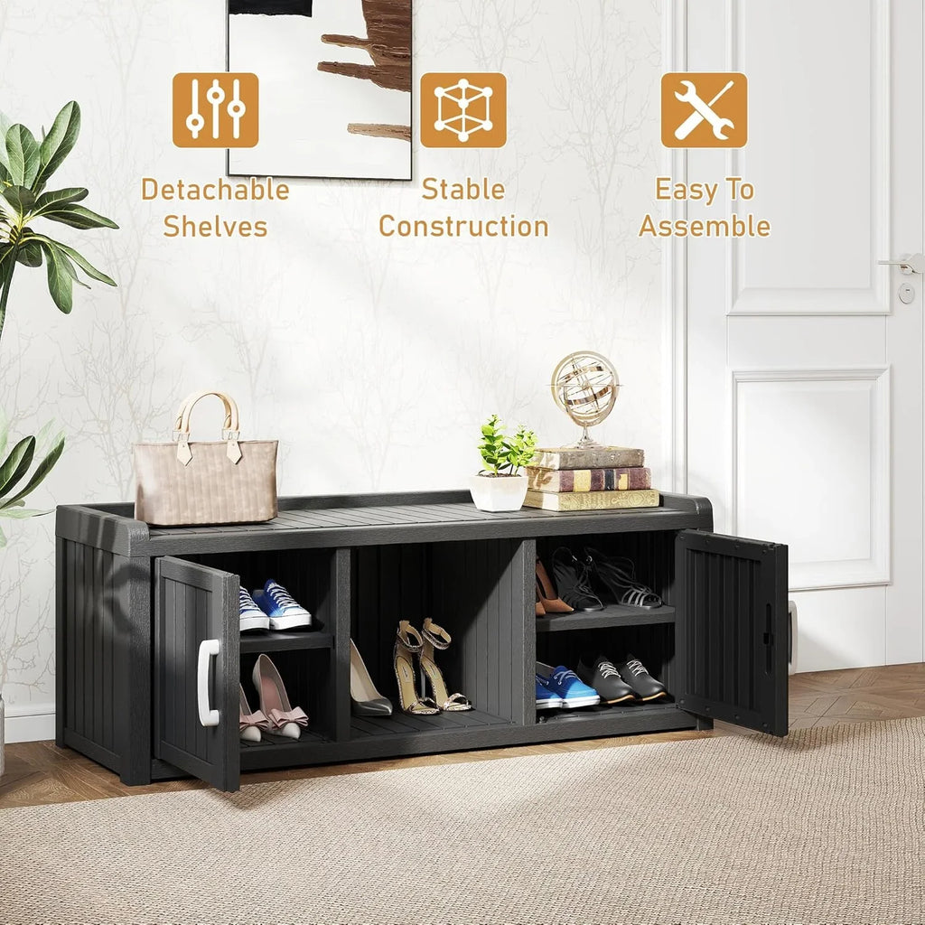 KAMABOKO Outdoor Shoe Storage Cabinet, Waterproof UV-Resistant Entryway Storage Bench Indoor Outdoor with 2 Barn Doors, Adjus