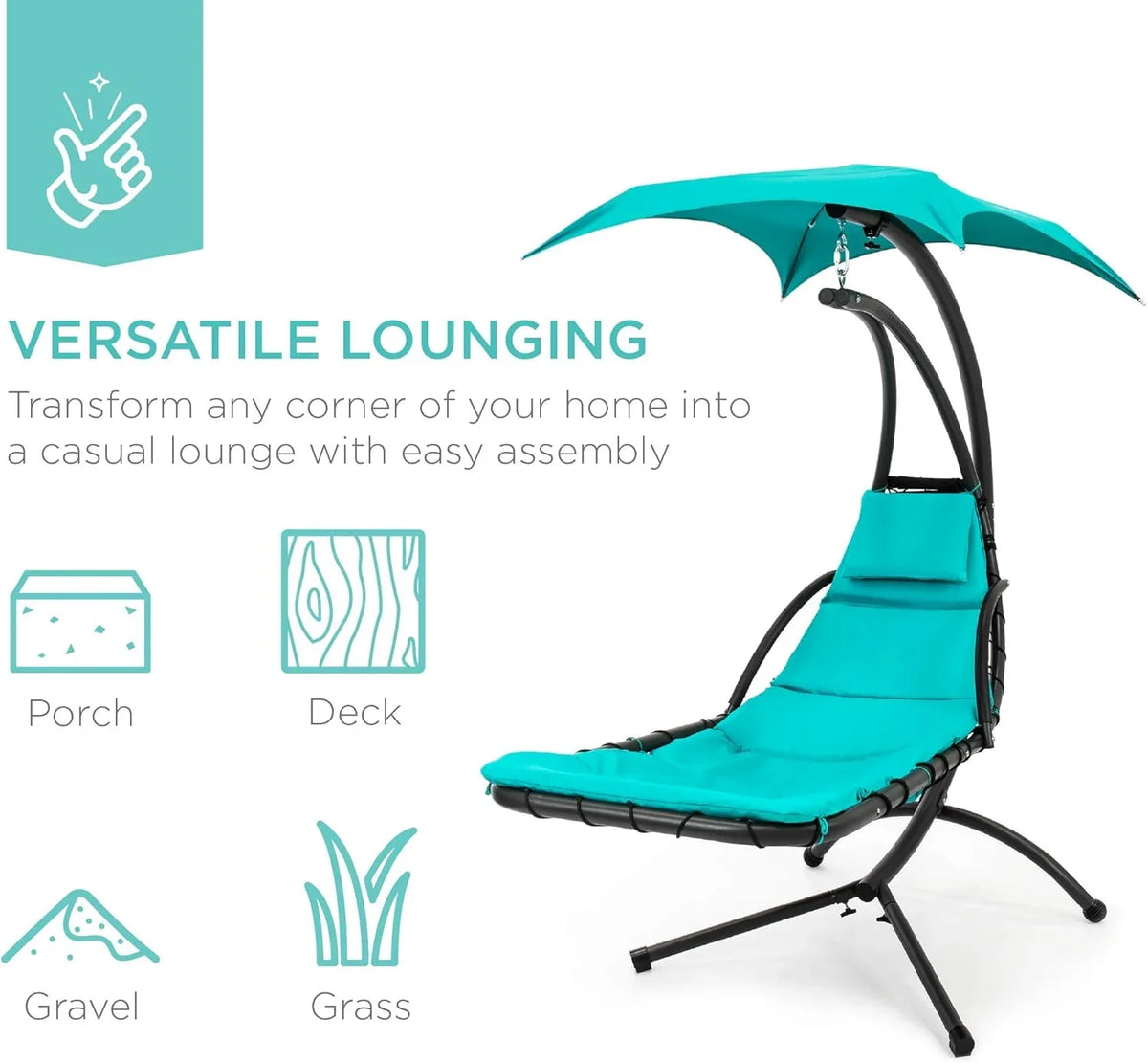 Best Choice Products Outdoor Hanging Curved Steel Chaise Lounge Chair Swing w/Built-in Pillow and Removable Canopy - Charcoal