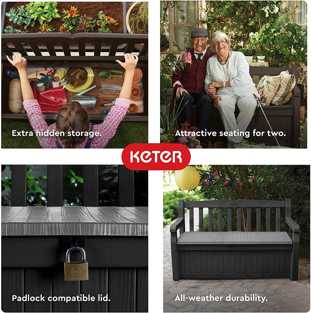 Keter Solana 70 Gallon Storage Bench Deck Box for Patio Furniture, Front Porch Decor and Outdoor Seating – Perfect to Store G
