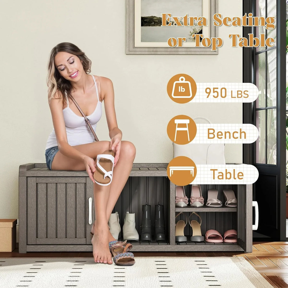 KAMABOKO Outdoor Shoe Storage Cabinet, Waterproof UV-Resistant Entryway Storage Bench Indoor Outdoor with 2 Barn Doors, Adjus