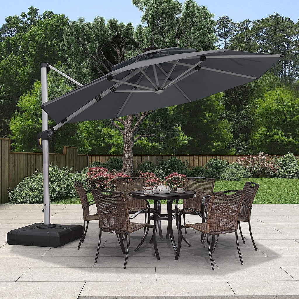 12ft Solar LED Patio Umbrella Outdoor Round Umbrella Large Cantilever Umbrella with LED Lights Windproof Bias Umbrella Heavy 