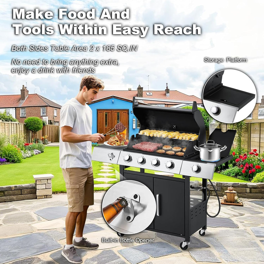Upgraded 4 Burner BBQ Propane Gas Grill with Cast Iron Grates & Side Stove, 44,000 BTU Stainless Steel Burner Barbecue Grill 