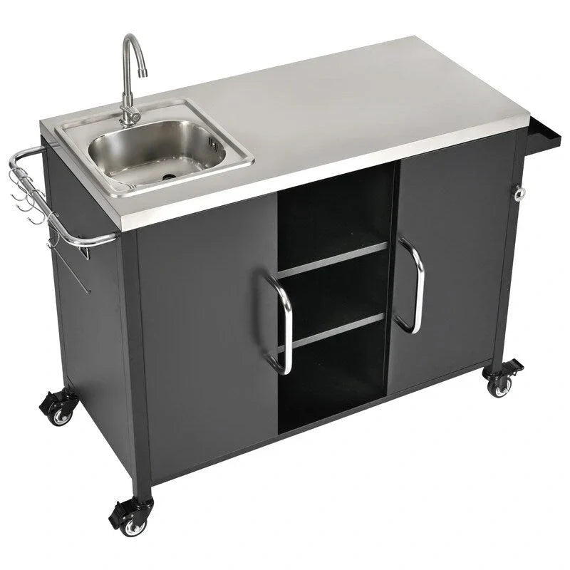 Outdoor Kitchen Island with Sink, Outdoor Bar Cart Sink Station with 4 Lockable Wheels - image 4