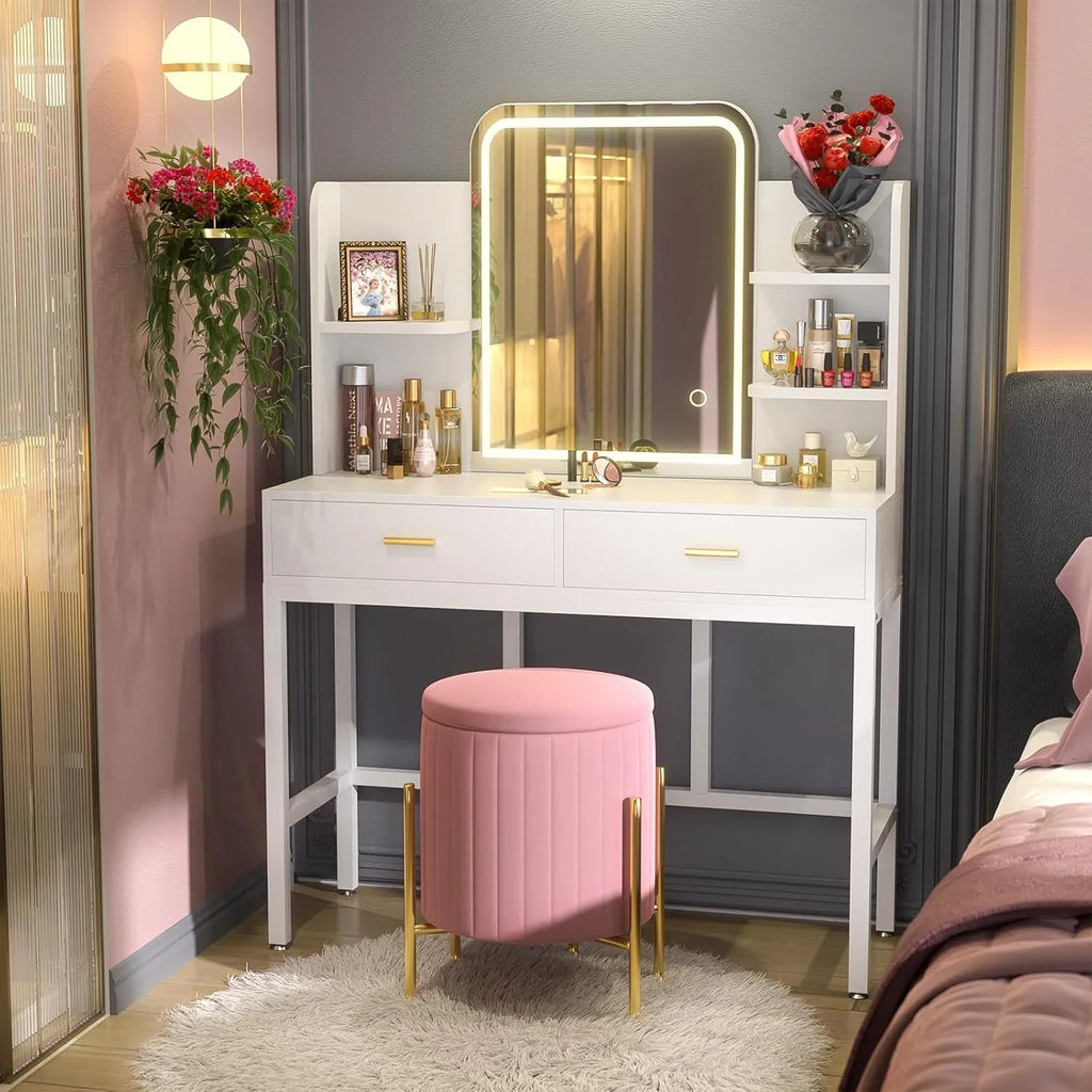 Makeup Vanity Desk with Mirrors, Vanity Set with 2 Storage Drawers and Open Shelves, 3 Colors LED Brightness Adjustable Dress