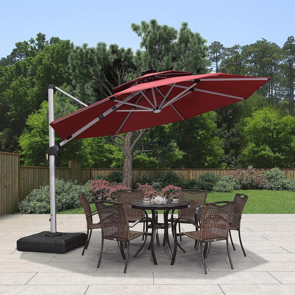 12ft Solar LED Patio Umbrella Outdoor Round Umbrella Large Cantilever Umbrella with LED Lights Windproof Bias Umbrella Heavy 