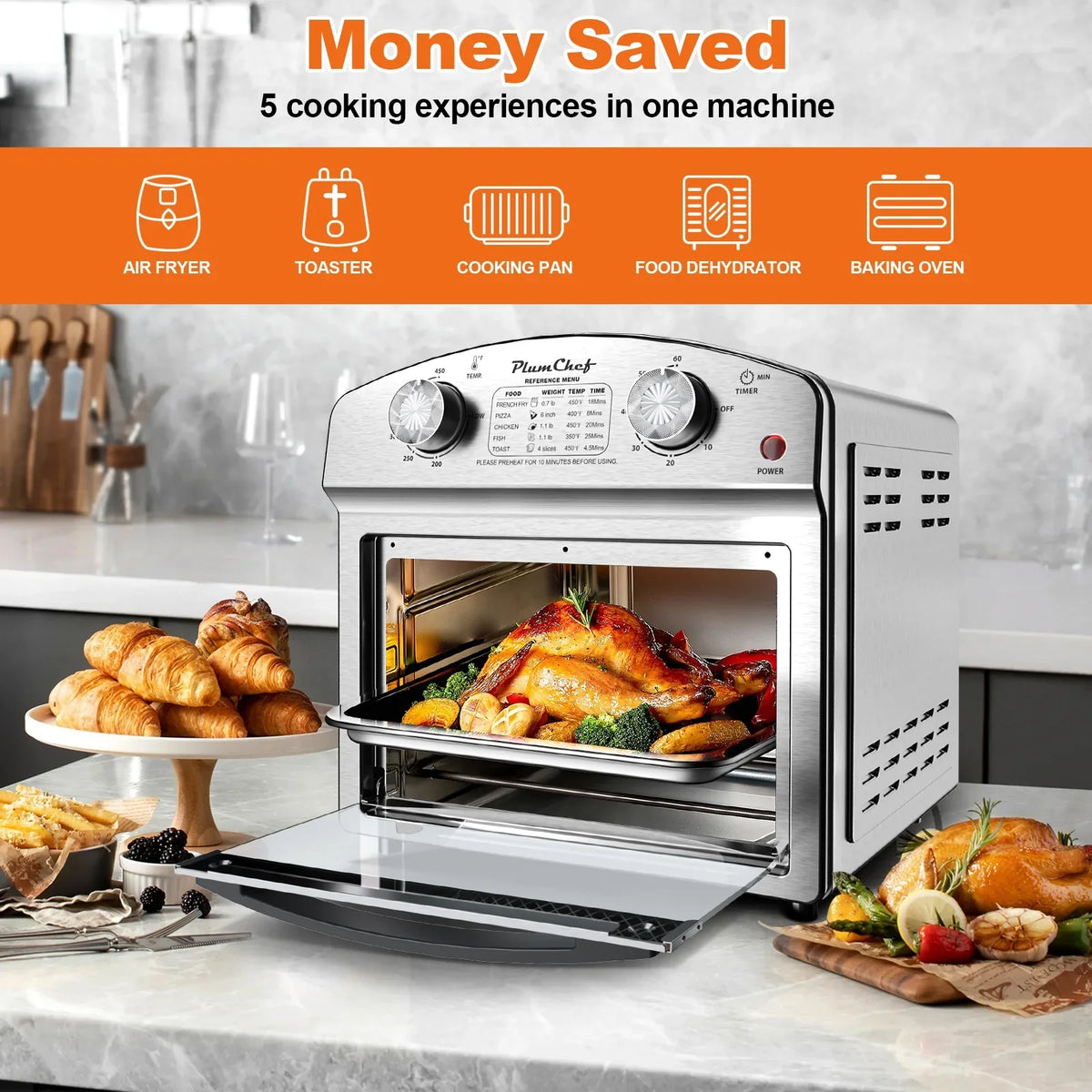 PlumChef 13 Quart 4 Slices Air Fryer Convection Toaster Oven, 1500W, 7 in 1 Multifunction with Roast, Bake, Grill, Broil, Toast, Dehydrate, Defrost - image 8
