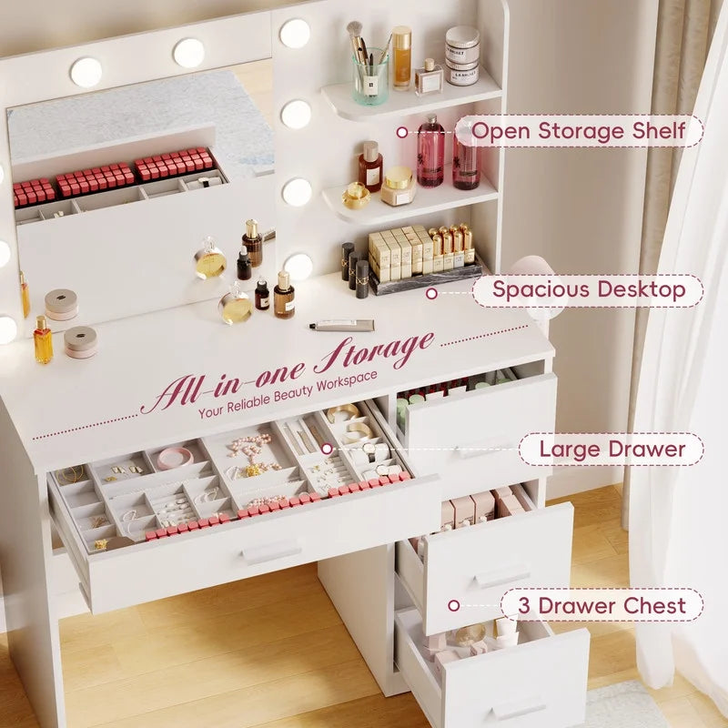 Lacoo Vanity Desk with Mirror and LED Lights, Makeup Vanity with 7 Drawers & 4 Shelves, Vanity Table with Power Outlet for Bedroom Dressing Room, White - image 35