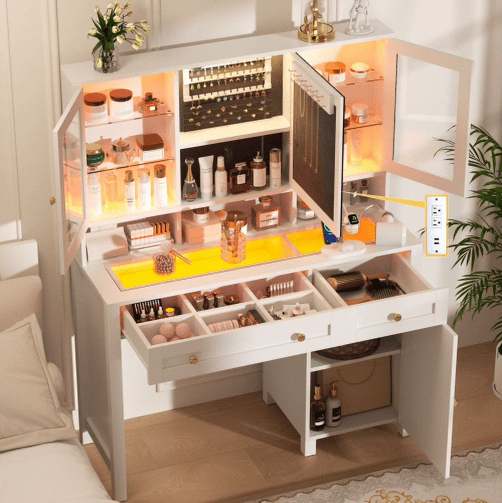 Semoic White Makeup Vanity Desk with LED Mirror and RGB Lights and Power Outlet, Morden Glass Top Vanity Table with Drawer & Storage Cabinet & Adjustable Shelves, Large Dressing Table for Bedroom - image 1