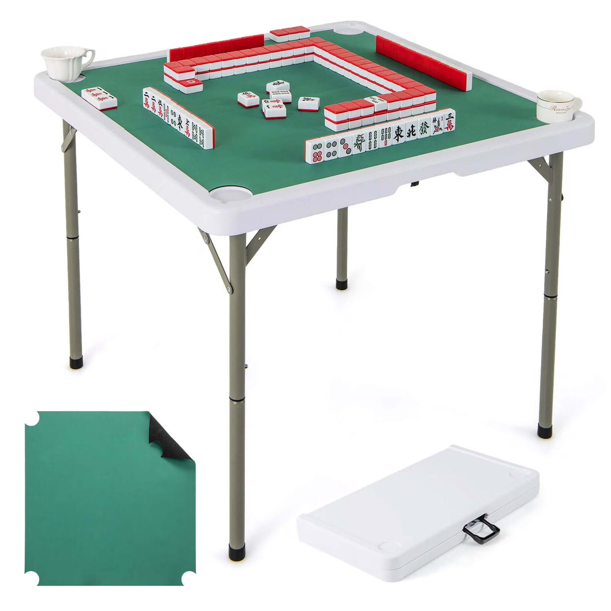 Costway 35" Folding Mahjong Table with Cup Holders & Smooth Felt Mat Carrying Handle Green