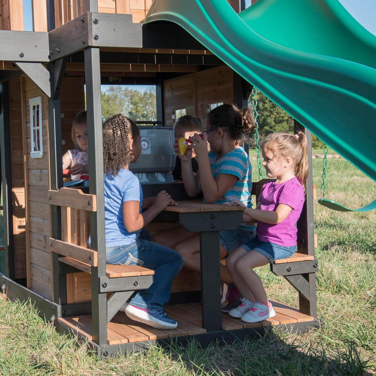 Canyon Creek Cedar Wood Swing Set with Wave Slide, Clubhouse, Play Kitchen, Picnic Area, Belt Swings, Web Swing, Rock Wall, B