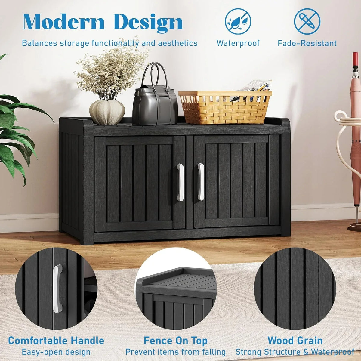 KAMABOKO Outdoor Shoe Storage Cabinet, Waterproof UV-Resistant Entryway Storage Bench Indoor Outdoor with 2 Barn Doors, Adjus
